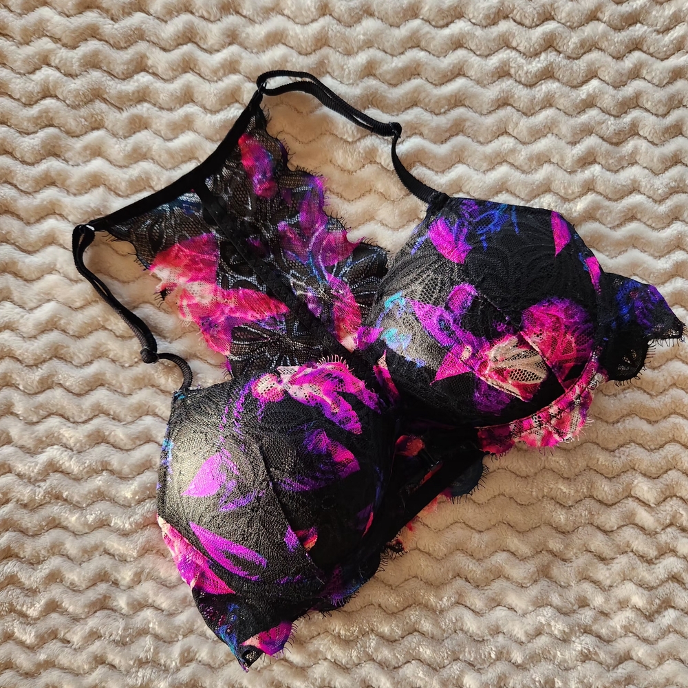PINK Victoria's Secret Black and Purple Floral Lace Bra